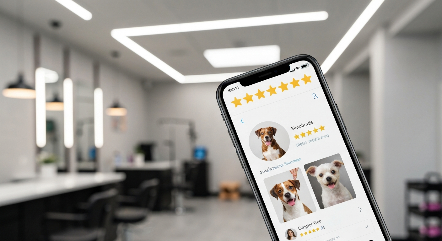 A close-up of a smartphone screen showing a Google business profile with five gold stars and multiple positive reviews for a pet salon