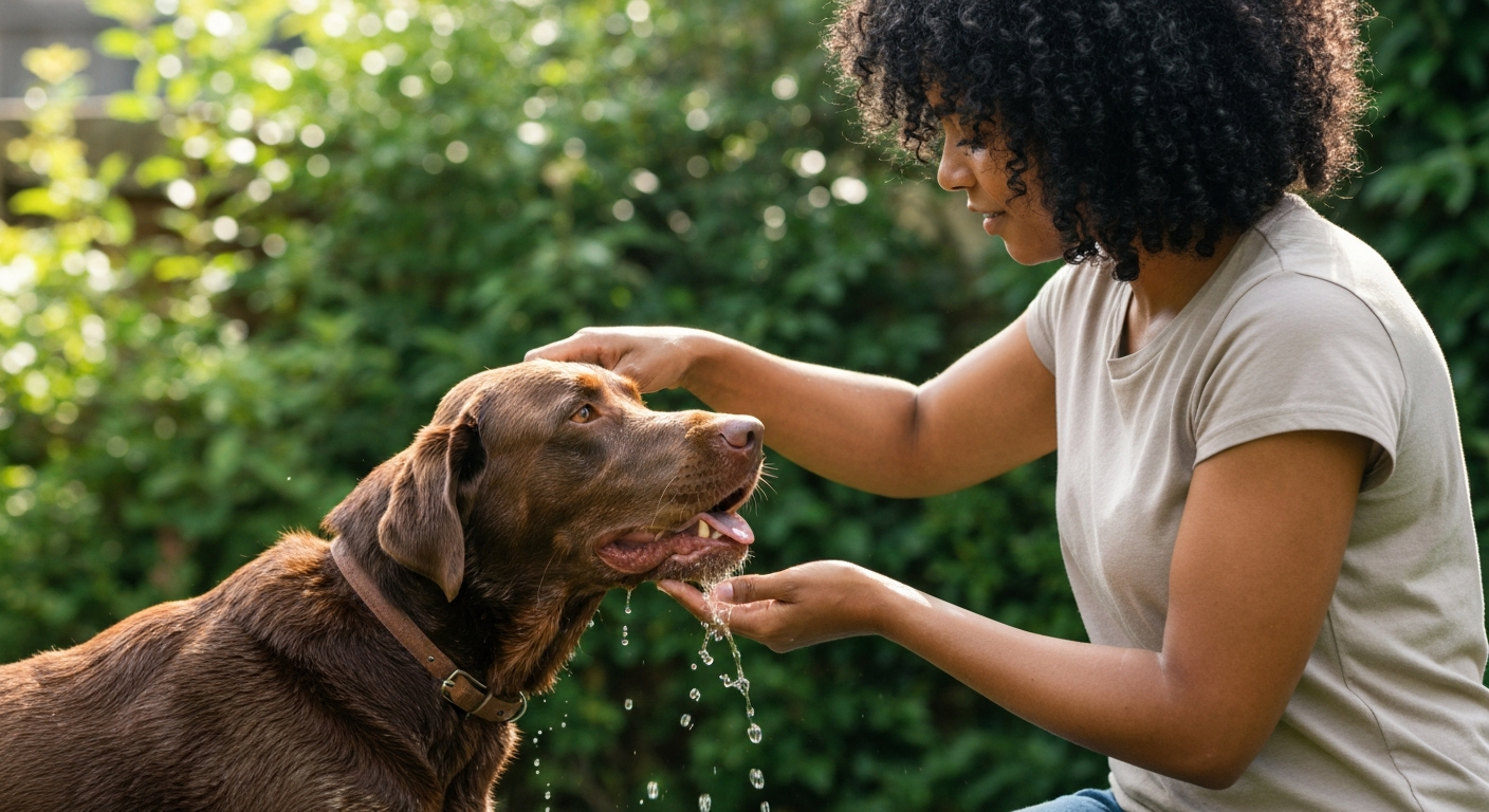 Woman pouring water on dog