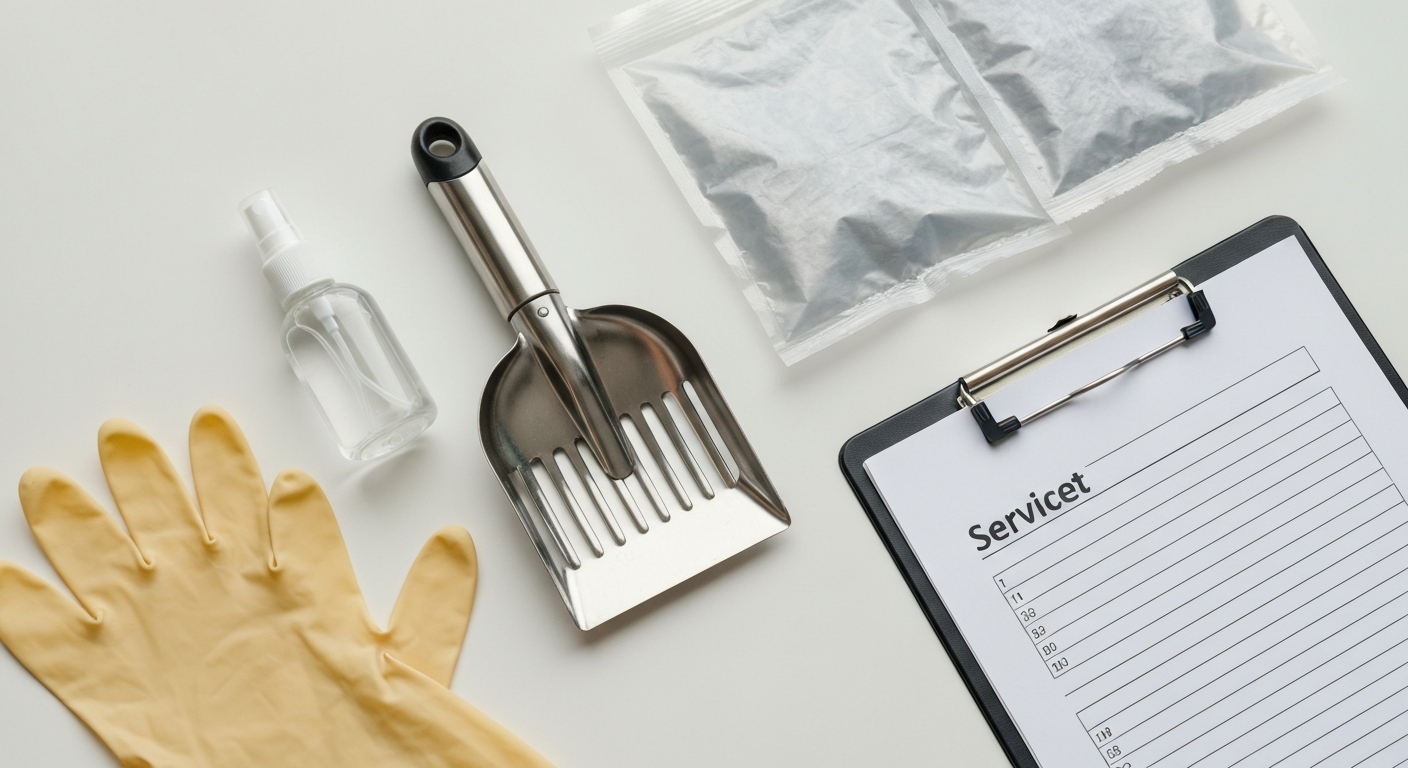 Professional pet waste removal tools including scoopers, collection bags, gloves, and a service checklist laid out neatly