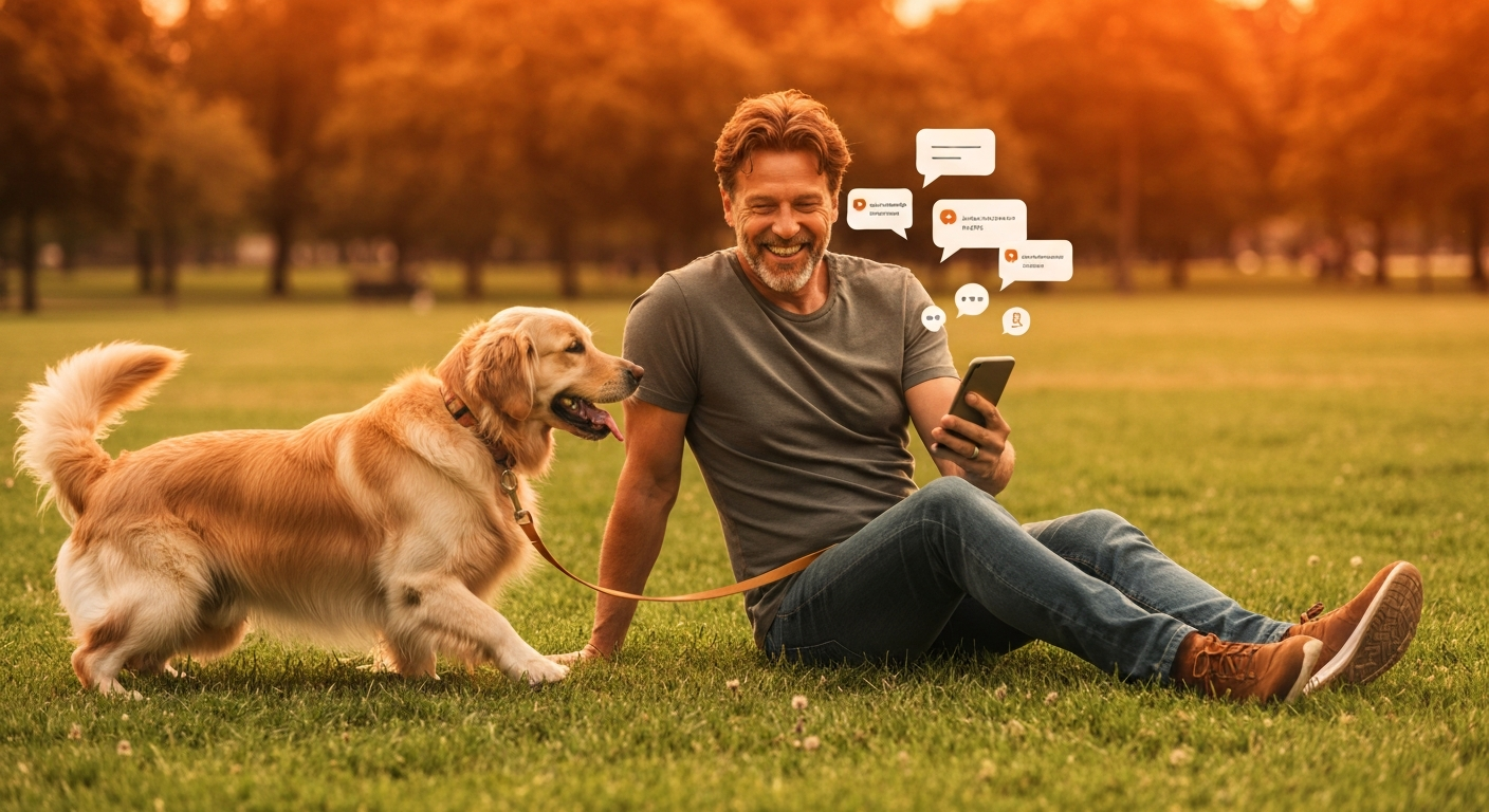 A pet business owner relaxing while a smartphone automatically sends appointment confirmations and review requests