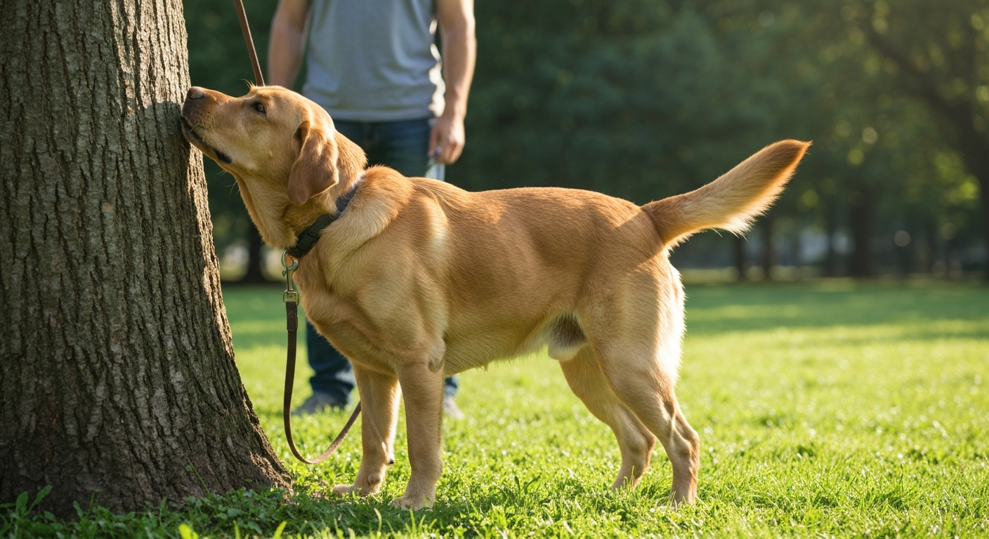 Happy dog sniffing a tree trunk in the park