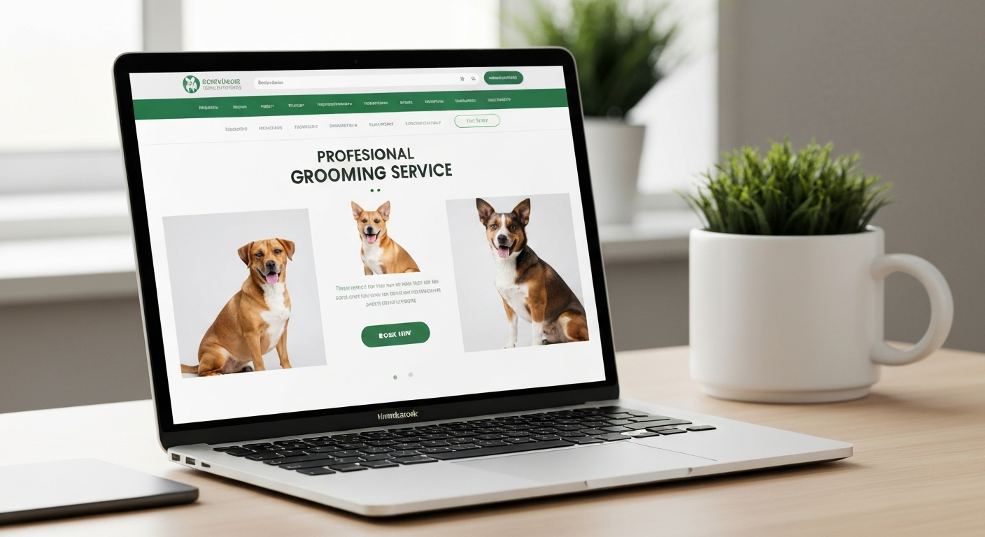 A modern clean pet business website displayed on a laptop screen showing real dog photos and a clear Book Now button