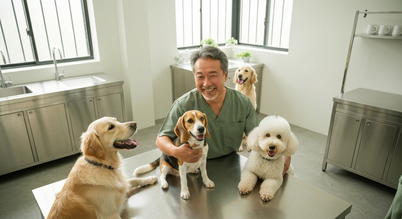 Pet professional building lasting client relationships with happy dogs in a modern pet business studio