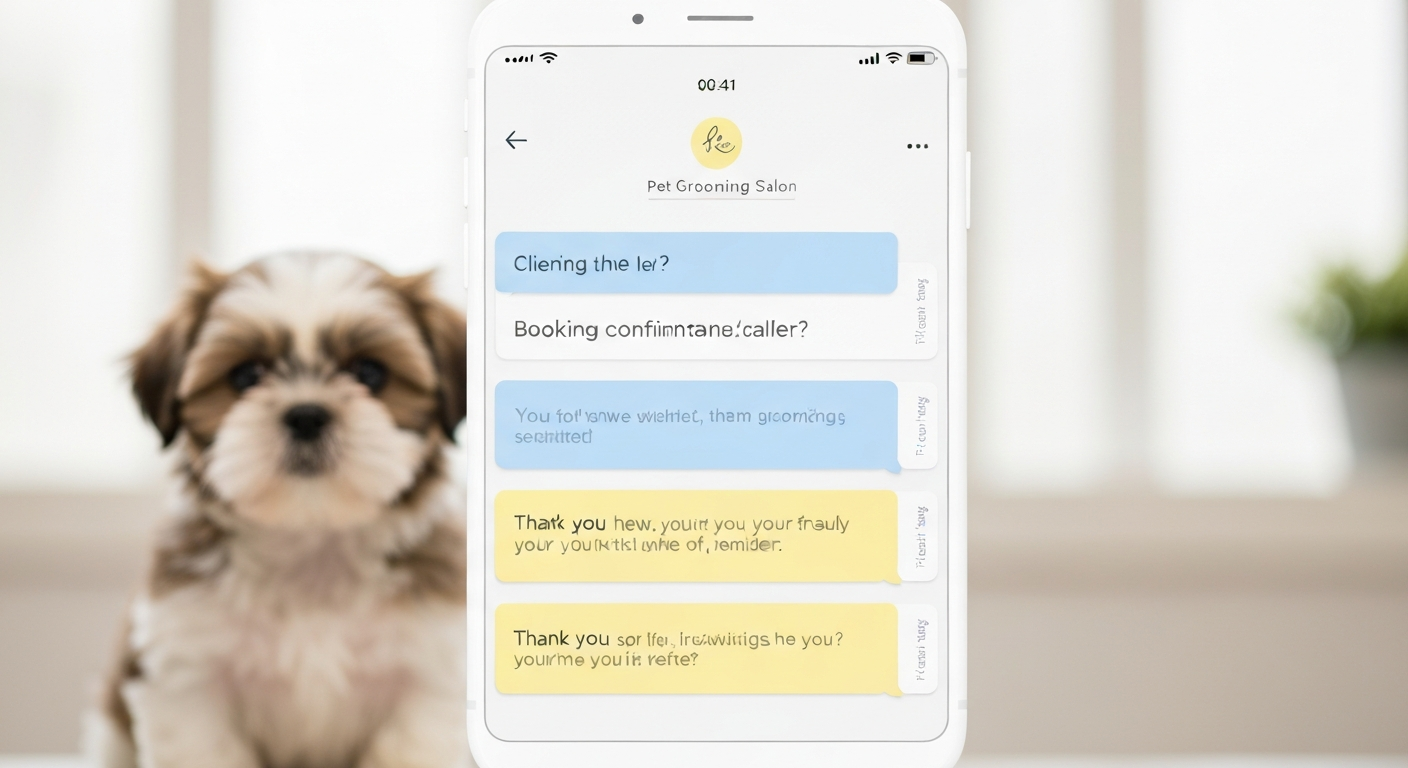 A clean visual diagram showing a simple automated text message flow for a pet business, connecting booking confirmation, reminder, thank you, review request, and rebook nudge