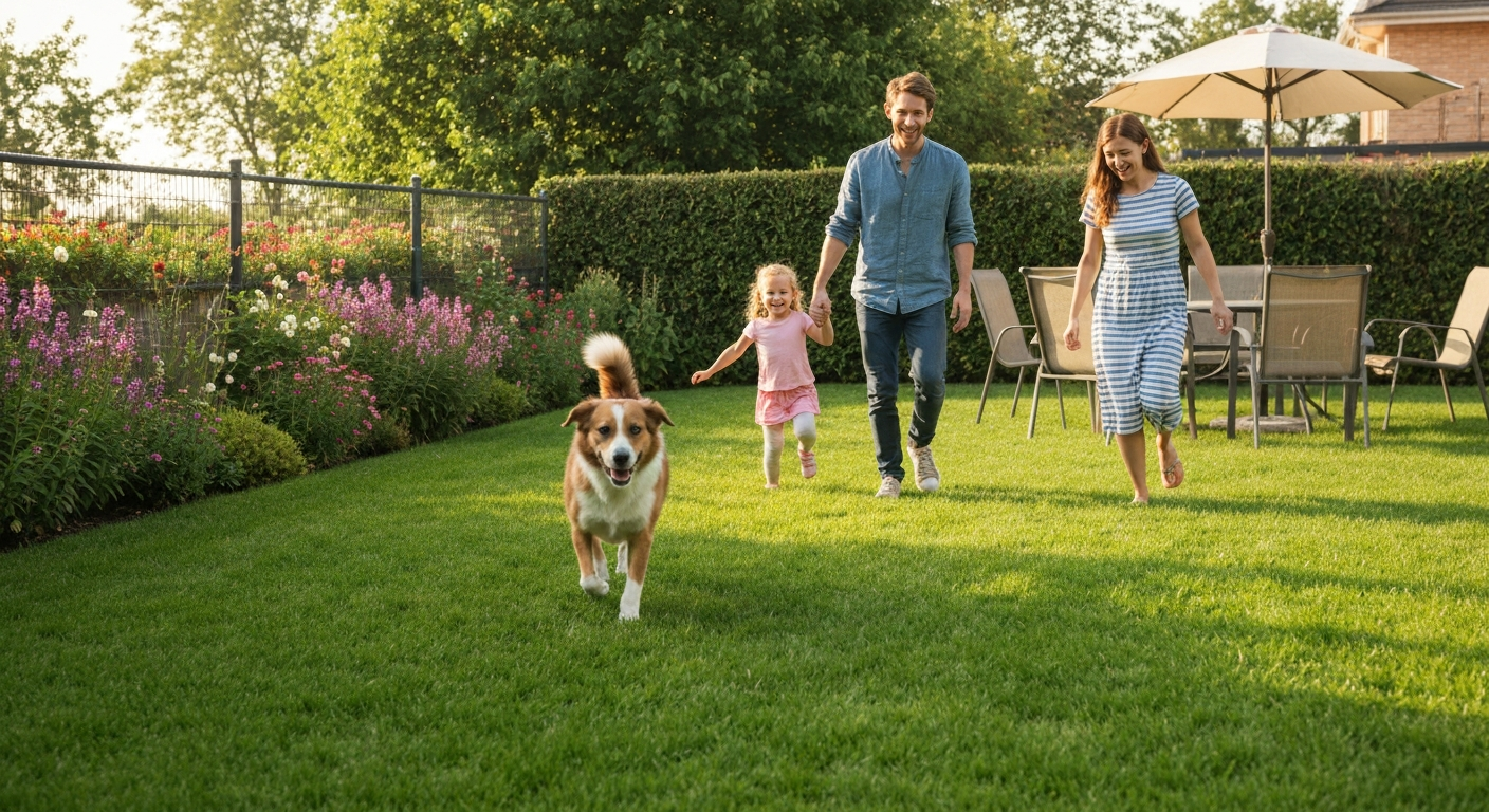 Happy family with children and a dog enjoying a clean, well-maintained backyard after professional pet waste removal service