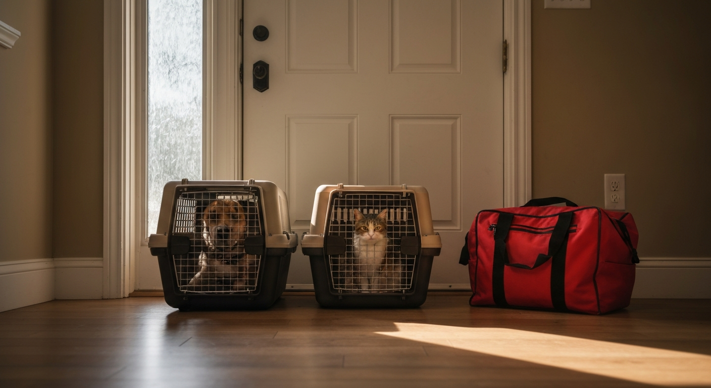 Pet carriers and emergency bag staged by front door ready for quick evacuation