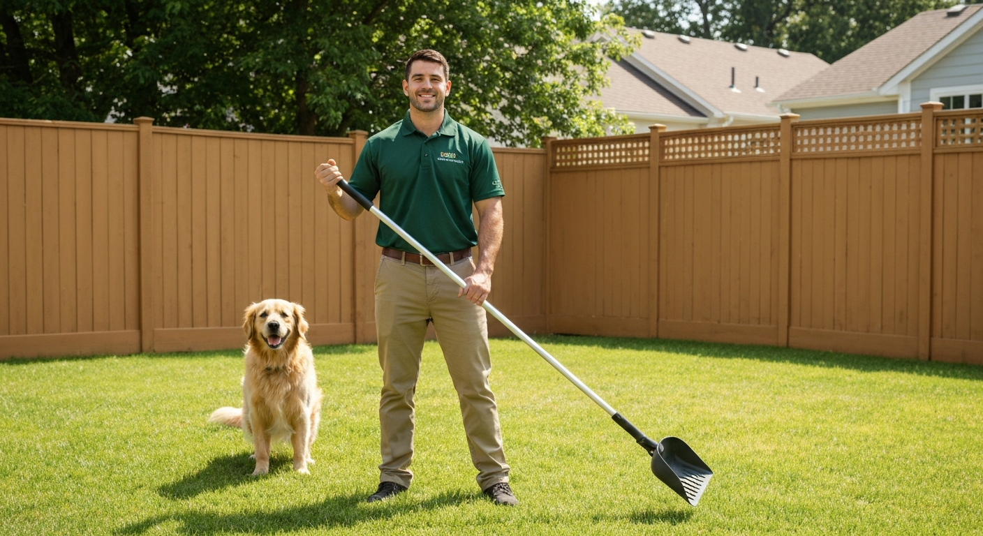 Professional pet waste removal technician scooping dog waste in a clean suburban backyard with a golden retriever watching nearby
