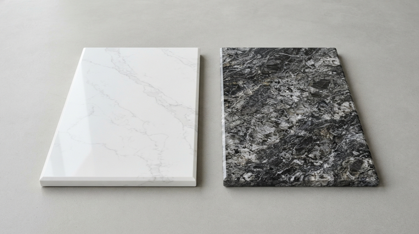 Quartz and granite countertop slabs compared side by side for a Florida kitchen