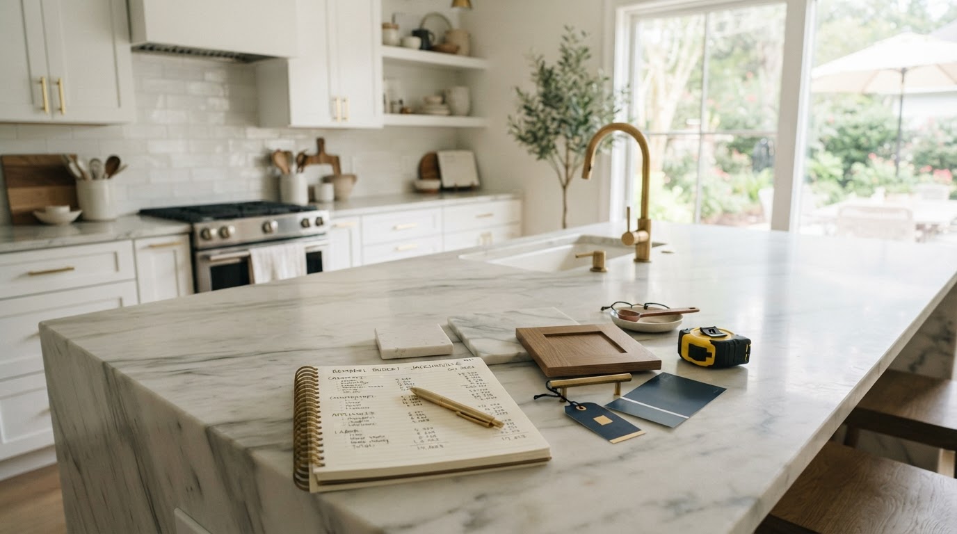 A bright Jacksonville kitchen with white cabinetry, a marble countertop island, and budget planning materials on the counter
