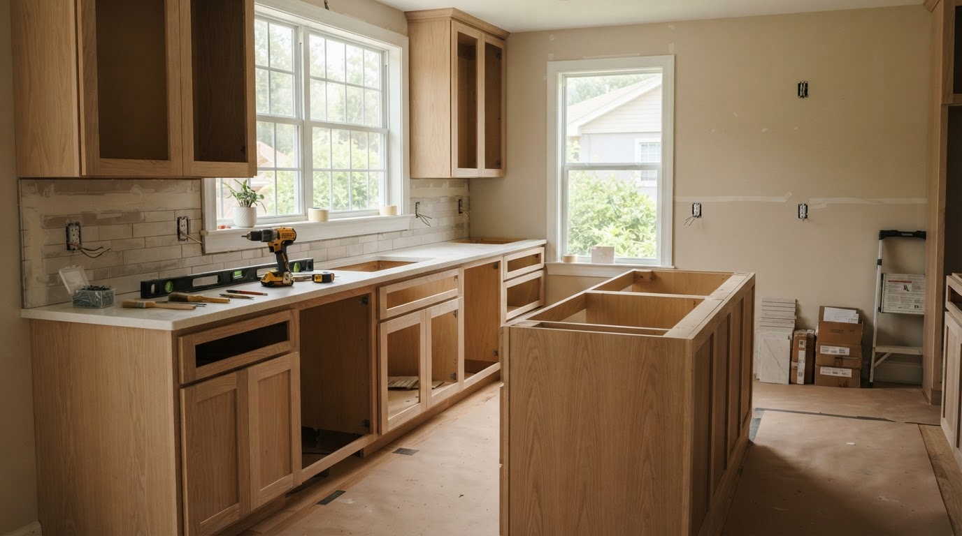 A Jacksonville kitchen remodel in progress with new cabinet frames and natural light