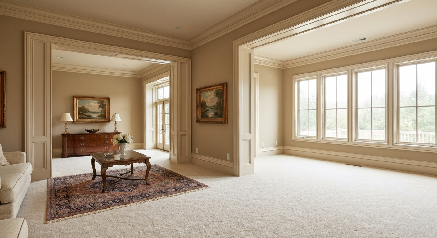 Beautifully finished interior room featuring high-quality custom trim carpentry, including crown molding and crisp baseboards