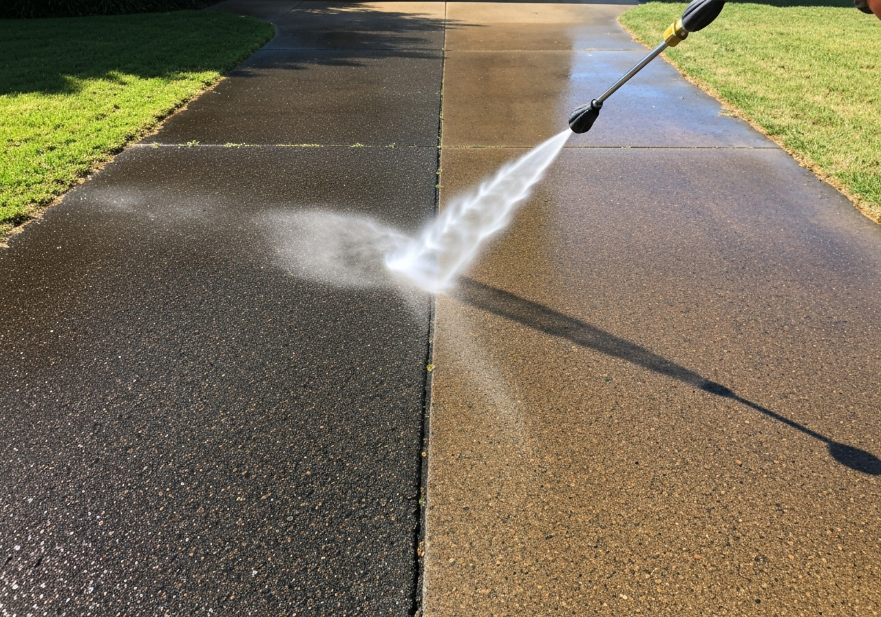 High pressure washing a residential driveway