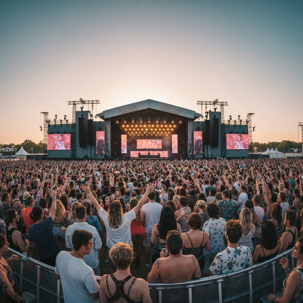 Sunset view of a large outdoor music festival stage with a massive crowd