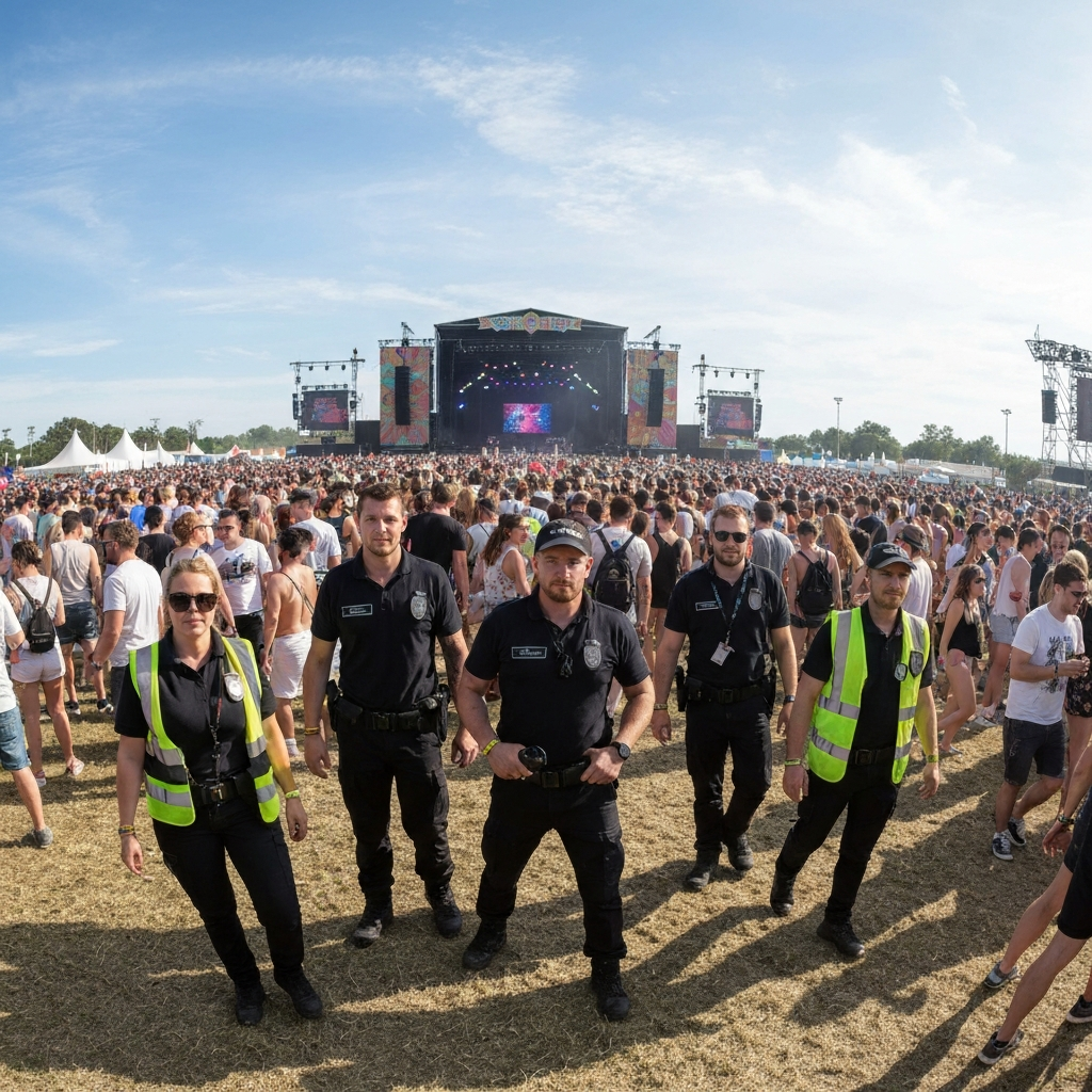 Professional security team managing a large crowd at an outdoor music festival