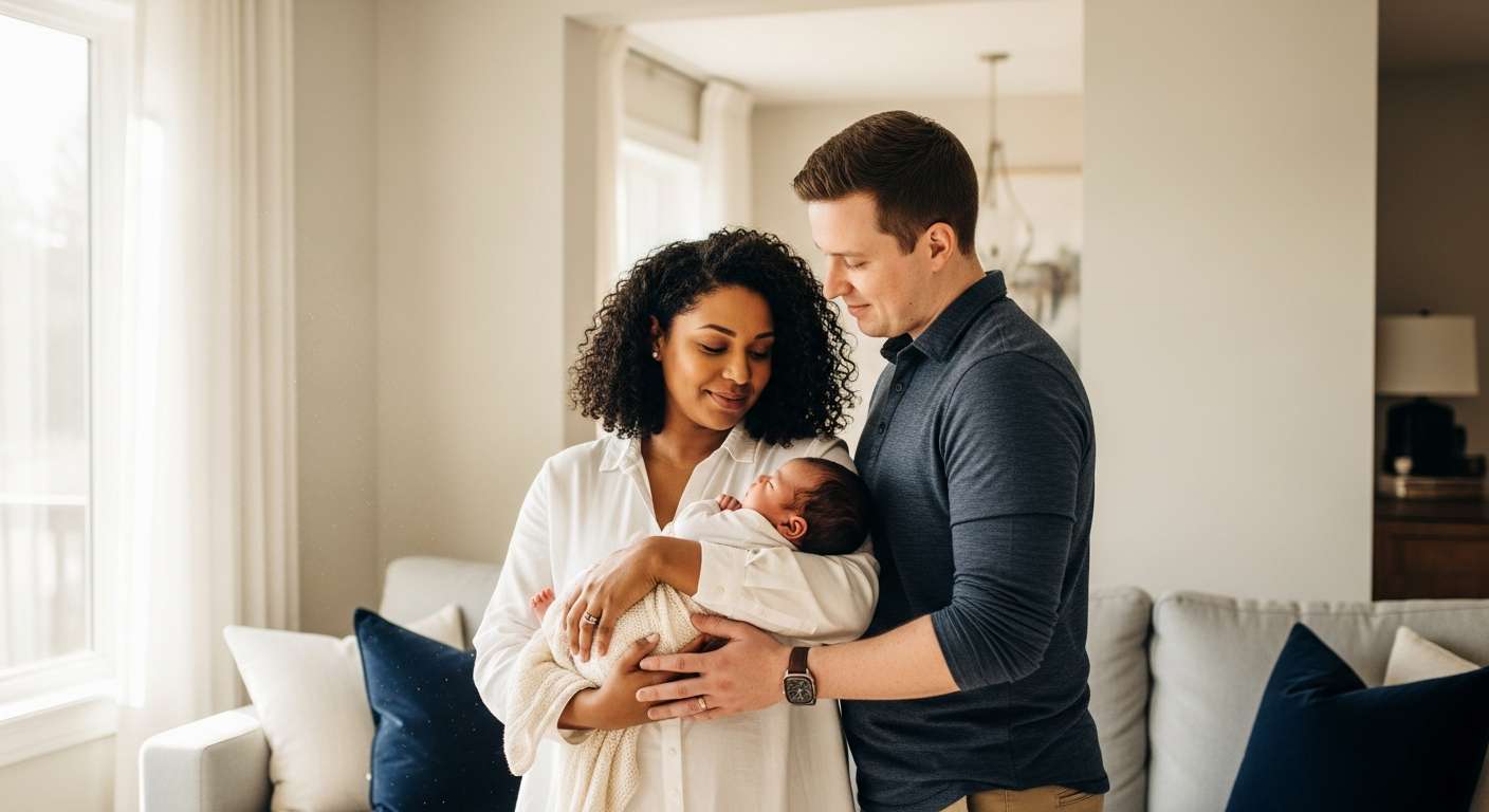 Calm parents holding their newborn baby in a bright living room