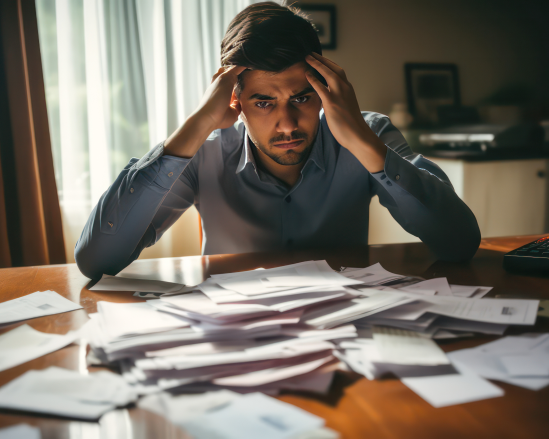 Stressed business owner reviewing paperwork and credit expenses