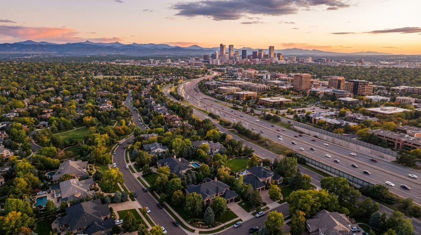 Aerial view of South Denver suburbs at golden hour with commuter highways and the Denver skyline