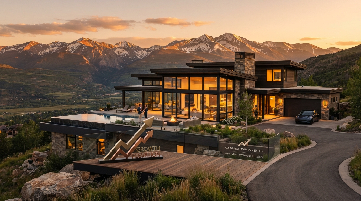 Luxury Colorado investment property with mountain backdrop at golden hour