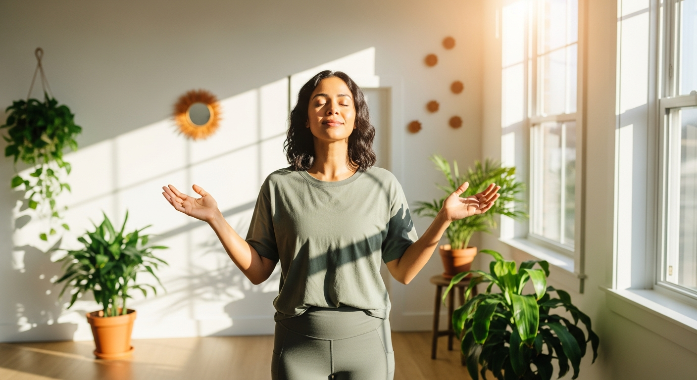 Person in a green outfit with outstretched arms in a bright, plant-filled wellness space, symbolizing holistic health and recovery from mold-related illnesses.