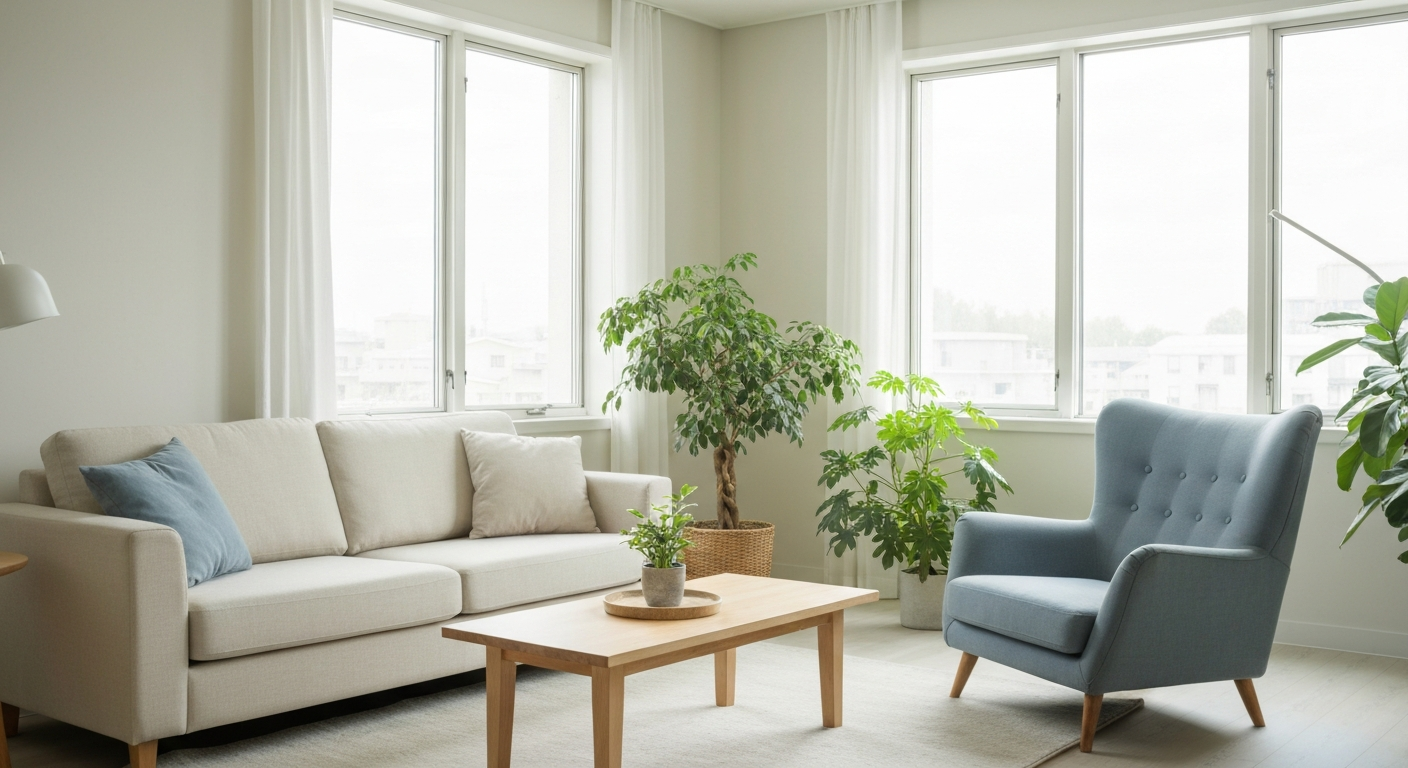Cozy living room with a beige sofa, blue accent pillow, wooden coffee table, and potted plants near large windows, emphasizing a serene environment for recovery from mold-related illness.