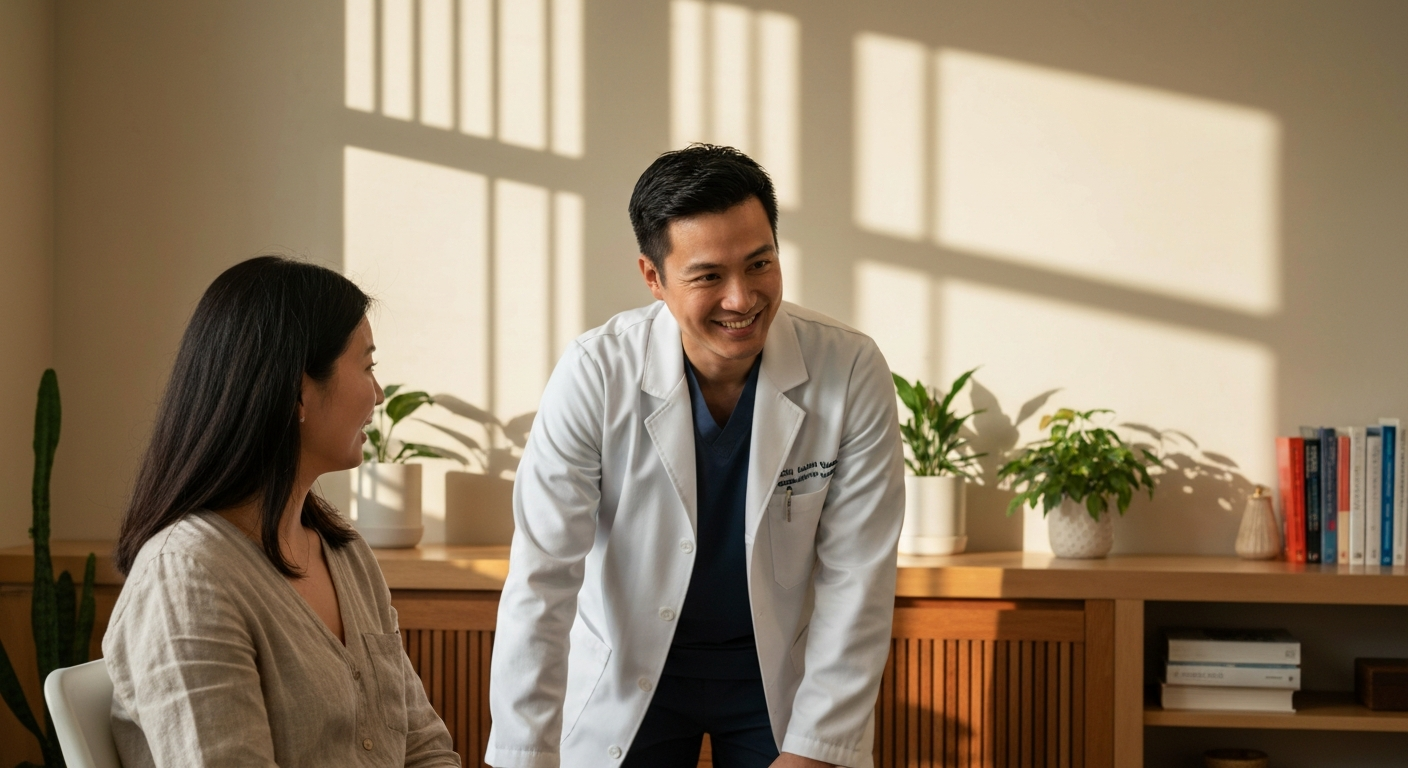 Doctor in a white coat consulting with a patient in a wellness office, surrounded by plants and books, emphasizing holistic health and mold exposure evaluation.