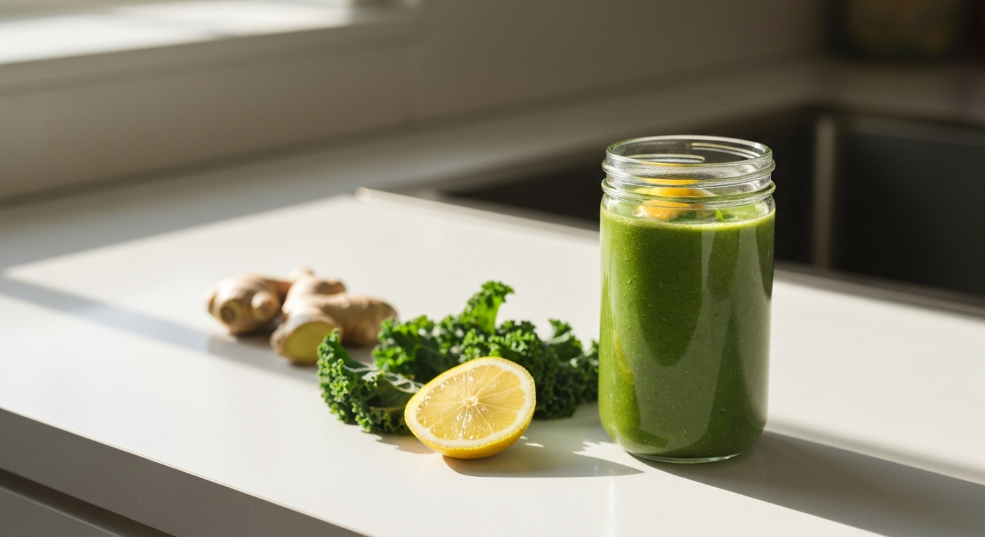 Green smoothie in a jar with lemon slice, ginger root, and kale on a kitchen countertop, representing natural detox nutrition for holistic wellness.