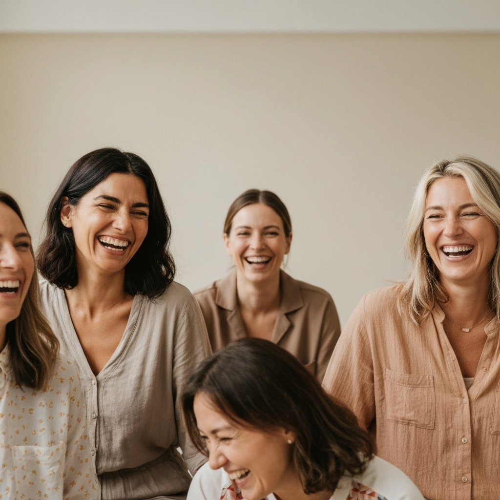 Group of women smiling and engaging in conversation, representing supportive community for wellness and healing, aligning with holistic health coaching themes.