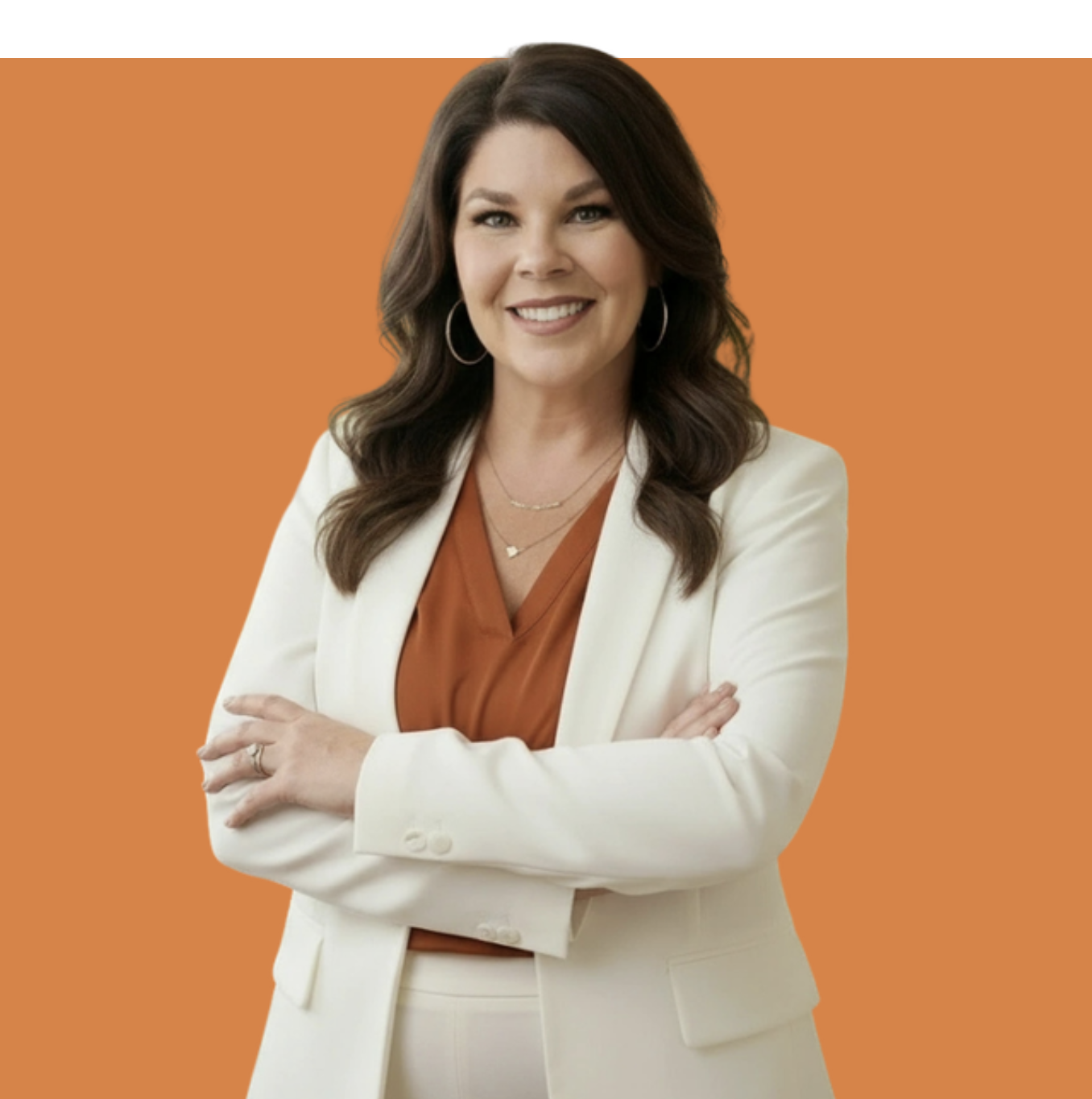 Janice Maynard, a certified health coach, smiling confidently in a white blazer over an orange background, representing RYL Holistic Wellness for women with chronic symptoms.