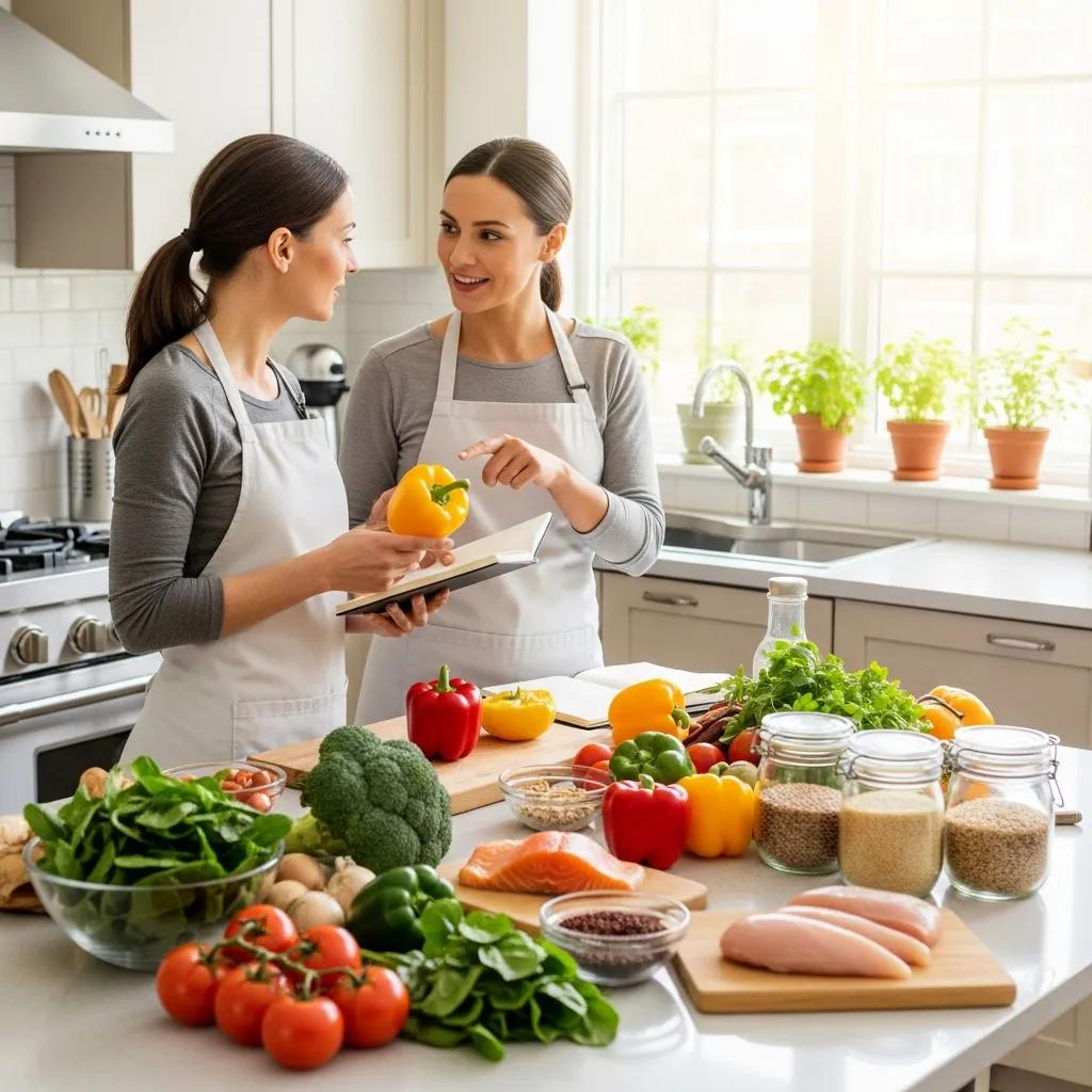 Women discussing healthy meal preparation with fresh vegetables and fish in a bright kitchen, emphasizing holistic nutrition and wellness coaching.