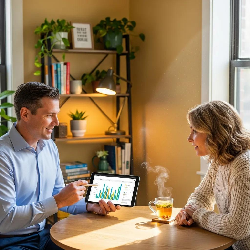 Person discussing health metrics on a tablet with another individual, warm setting with plants and steaming tea, emphasizing personalized wellness and holistic health coaching.