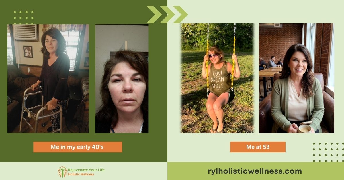 Image comparison of Janice Maynard's transformation from early 40s with chronic illness, using a walker and appearing unwell, to vibrant and healthy at 53, enjoying life and smiling, reflecting her healing journey and holistic wellness approach.