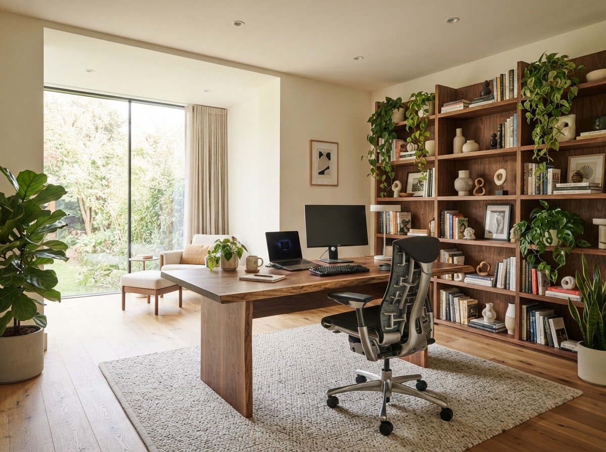 Home Office — furnished with Wooden Desk · Ergonomic Chair · Bookshelf