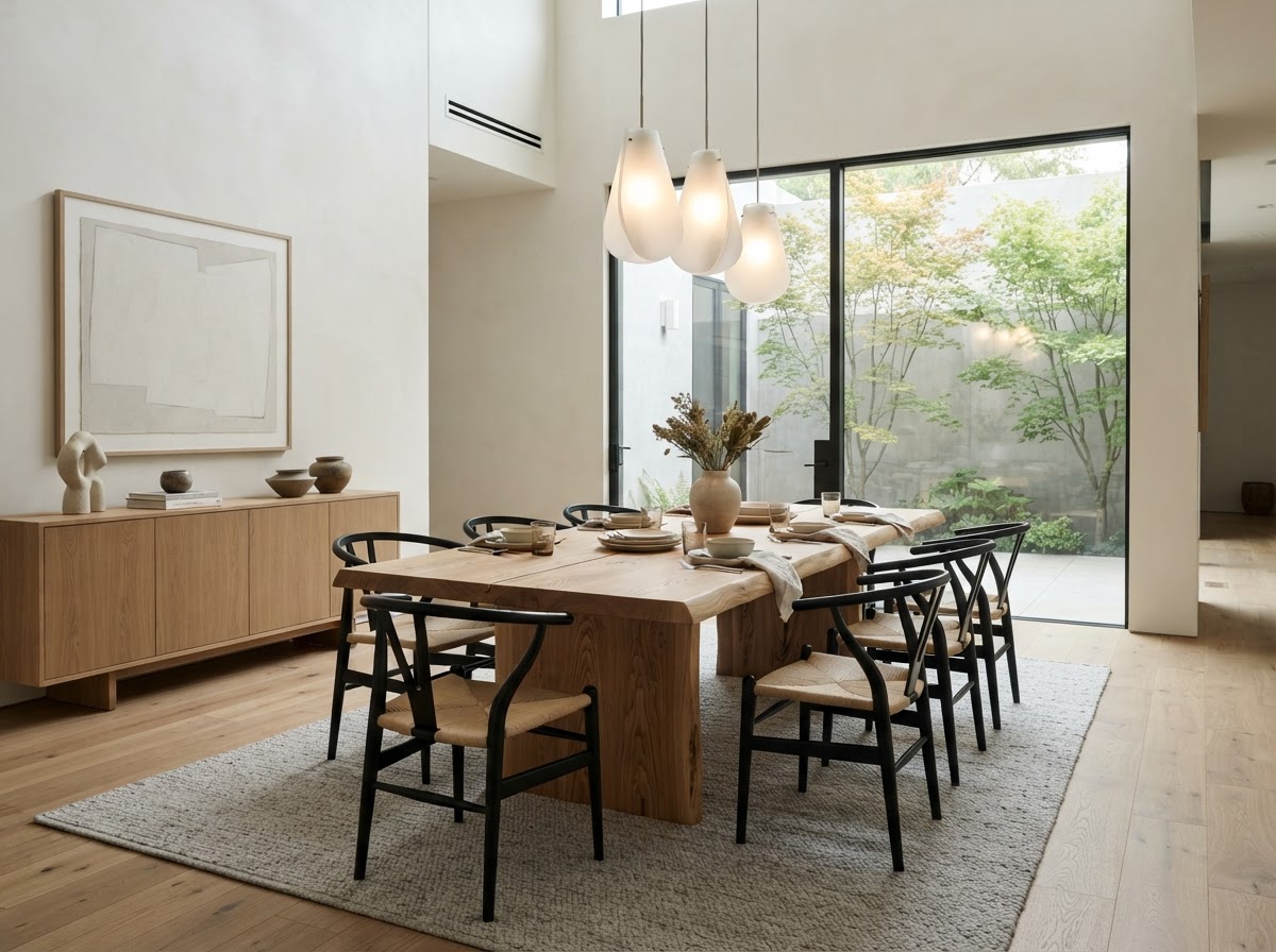 Dining Room — furnished with Oak Dining Table · Designer Chairs · Pendant Light