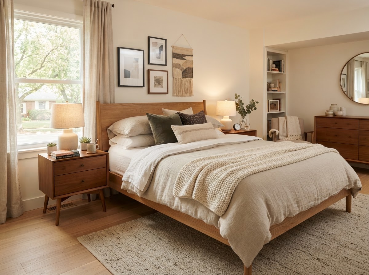Bedroom — furnished with Soft Textiles · Bedside Lamps · Warm Wood