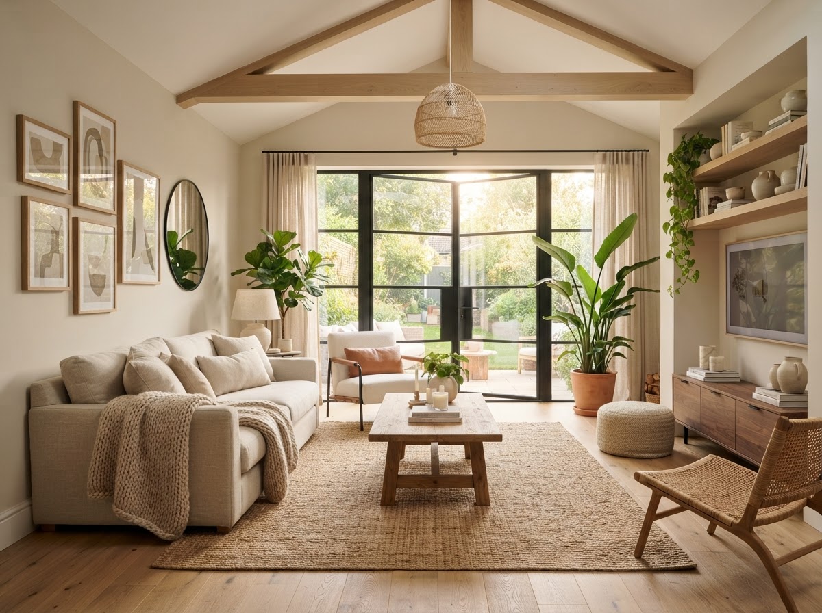 Living Room — furnished with Linen Sofa · Oak Accent Table · Woven Throw