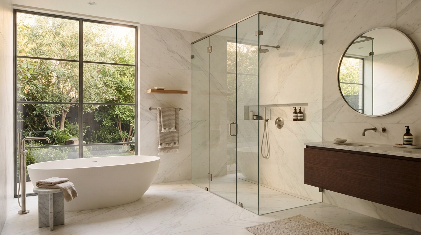 Luxury frameless glass shower enclosure in a modern architectural bathroom
