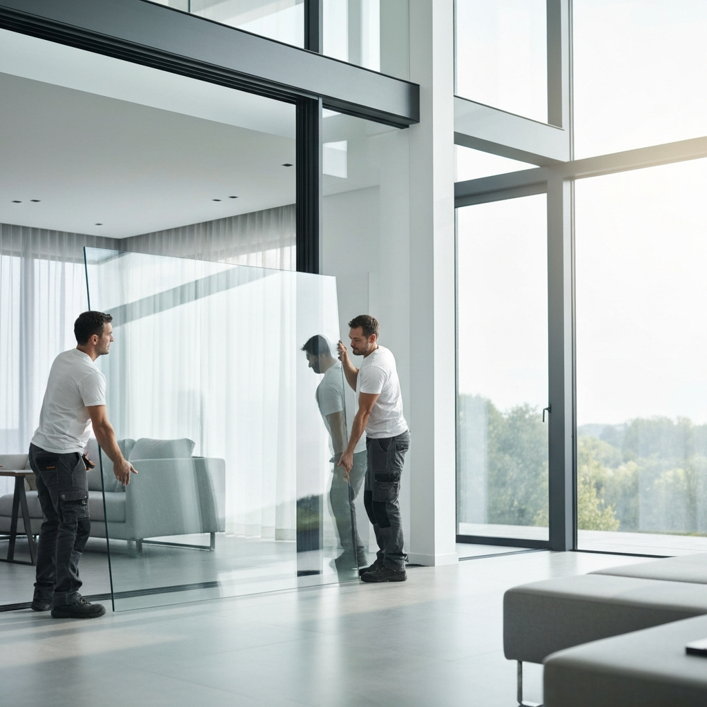 Glass installation professionals working on a custom home