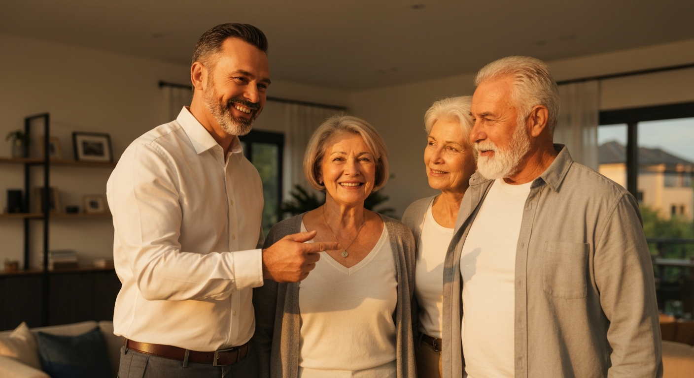 Real estate agent helping senior couple