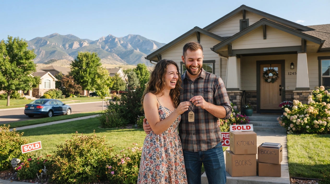 First-time homebuyers receiving keys to a new home in Pueblo, Colorado