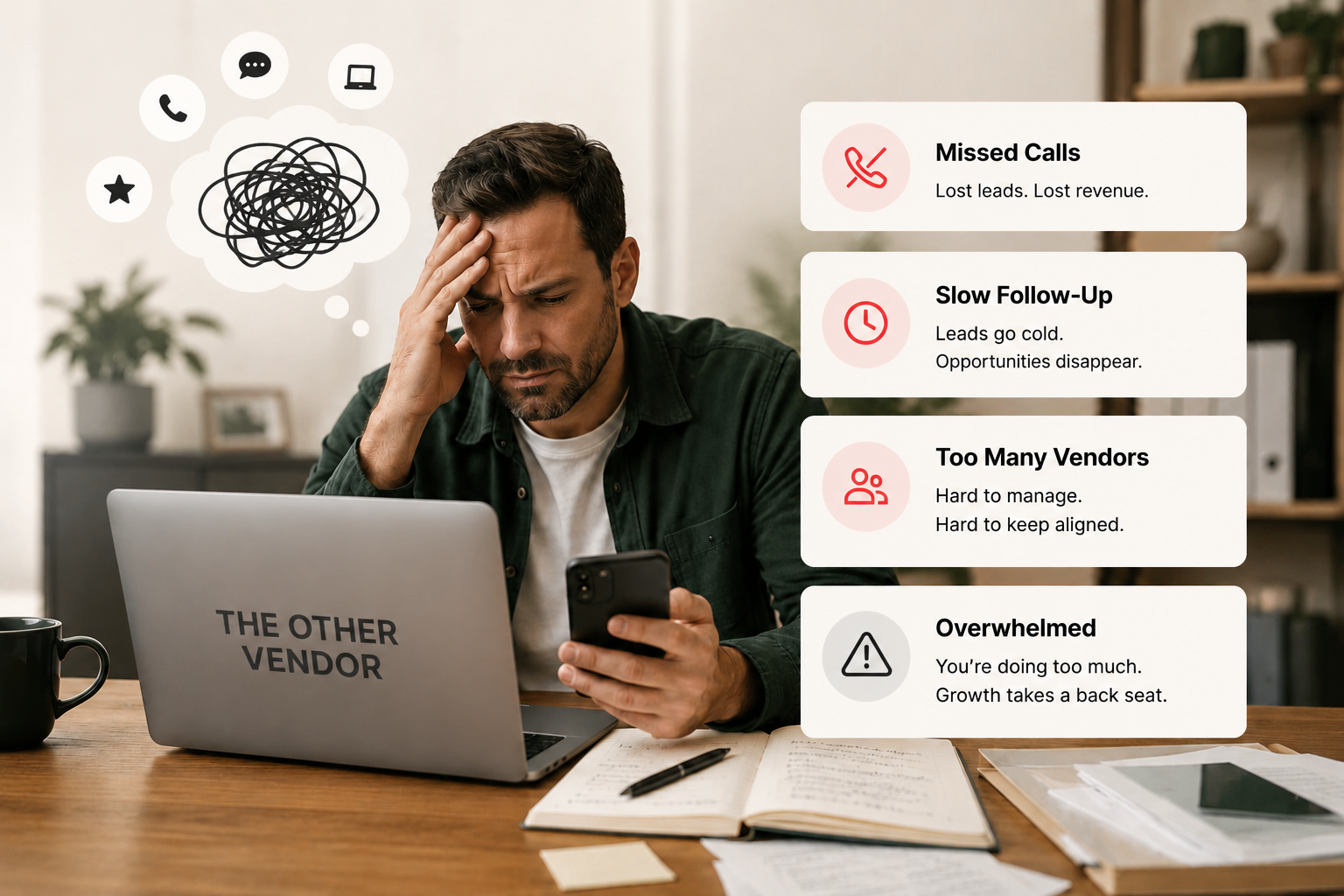 Frustrated business owner dealing with missed calls, slow follow-up, and too many vendors