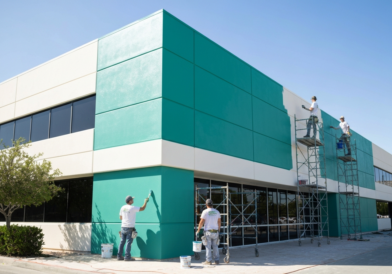 Commercial building exterior painting on scaffolding