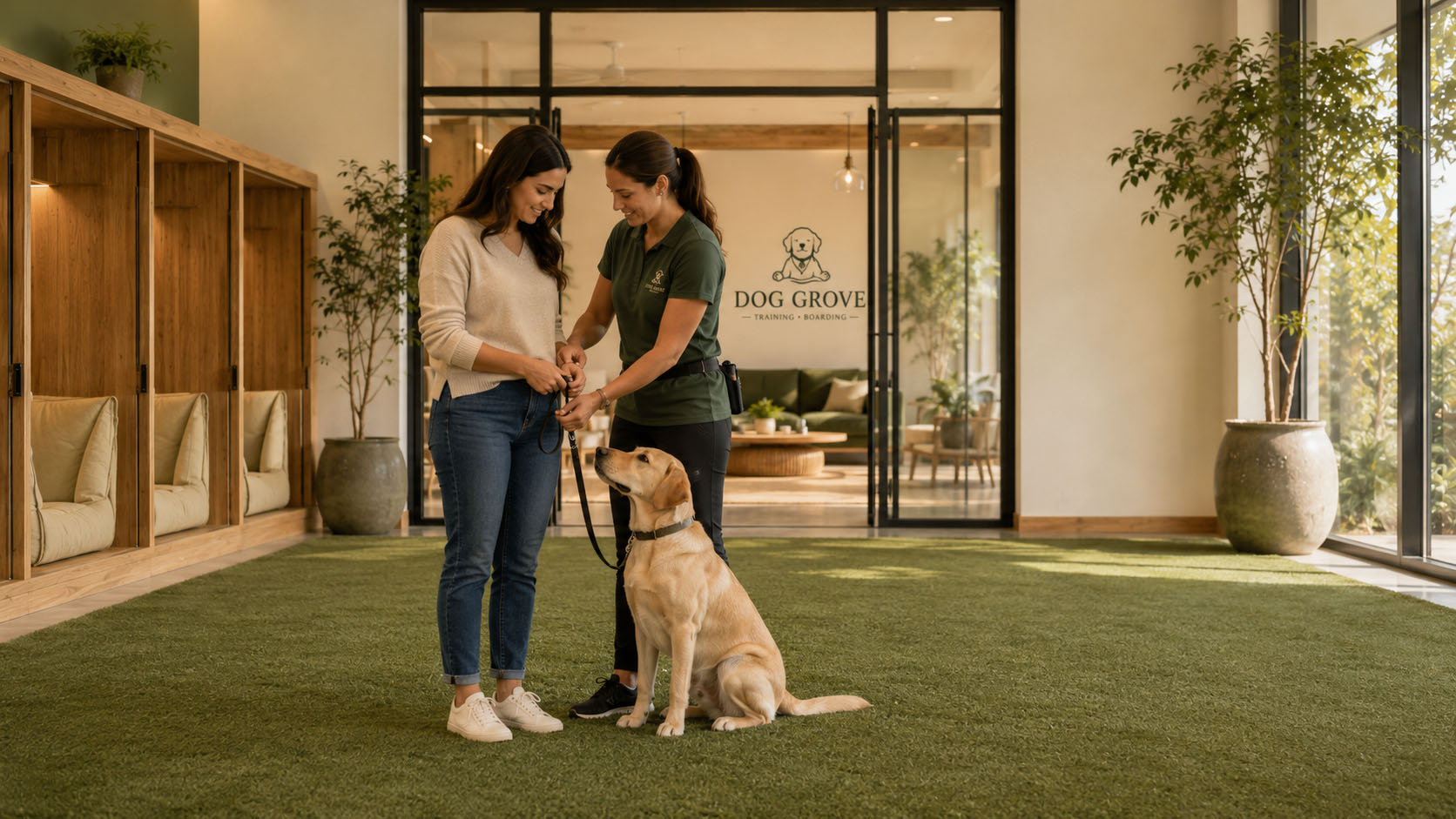Owner and trainer working side by side with a dog on the training floor