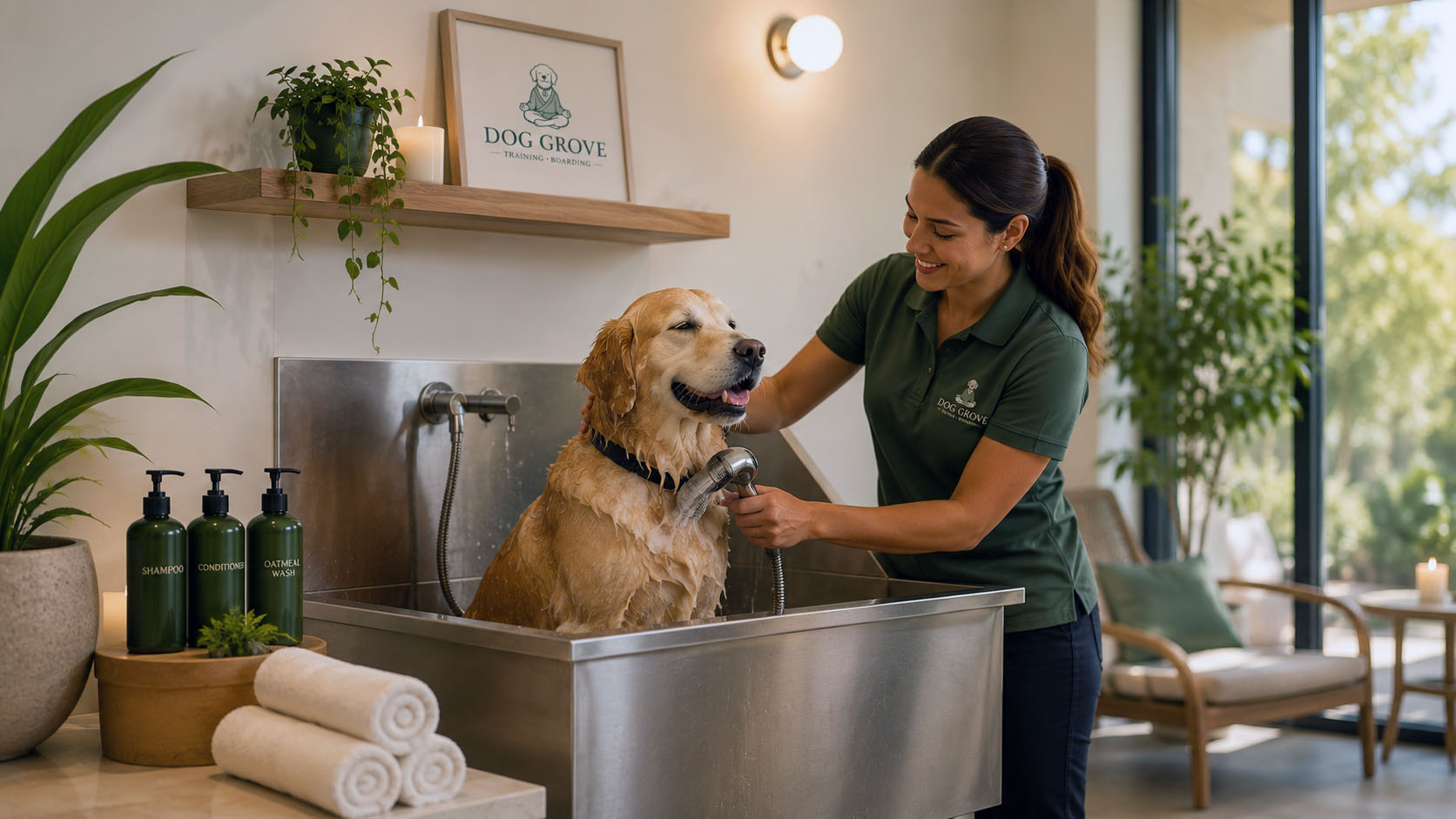 Relaxed dog being bathed at Dog Grove's on-site wash station in South Florida