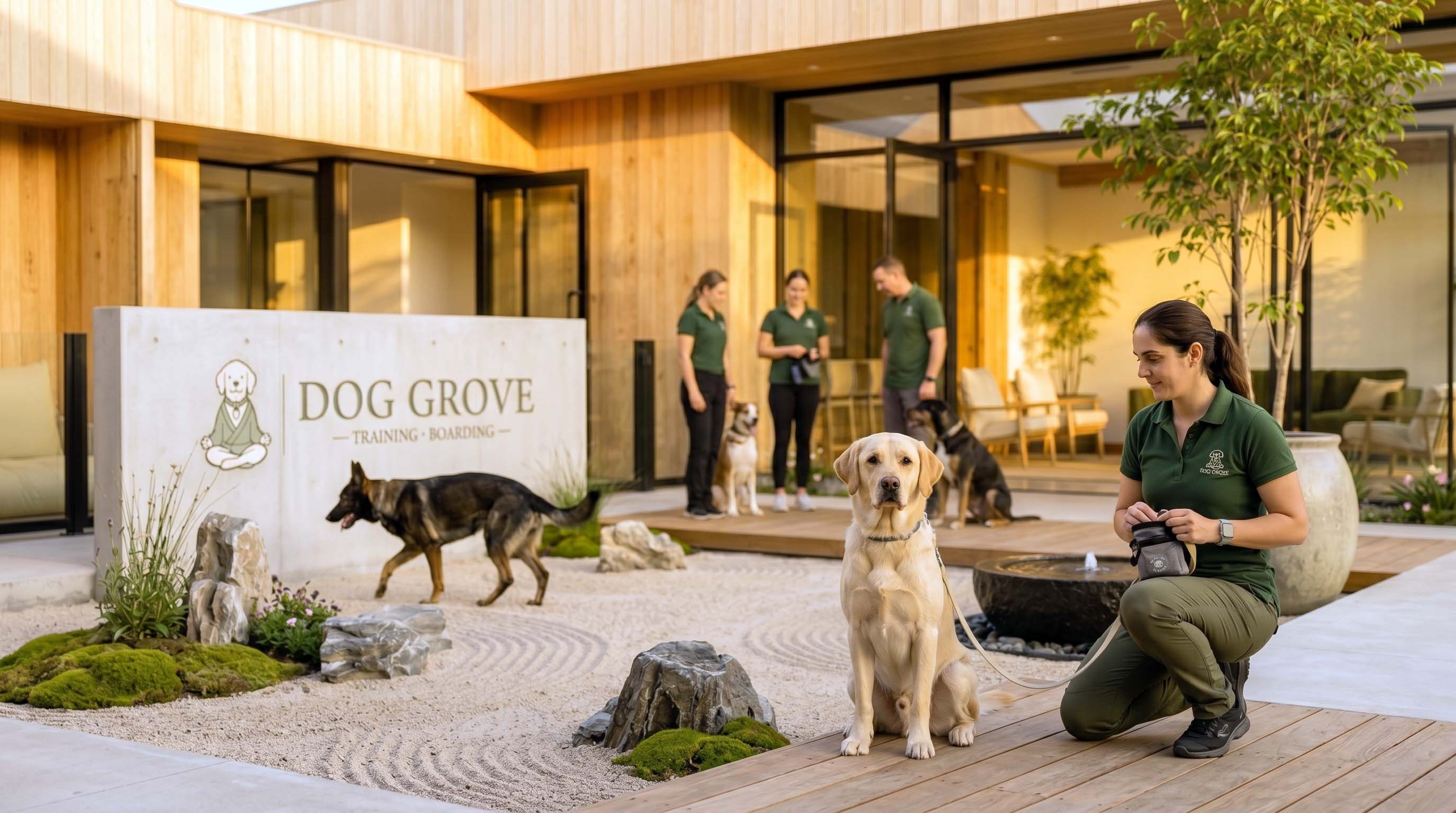 A handler and dog holding a calm sit while another dog passes a few feet behind in a group dog training class