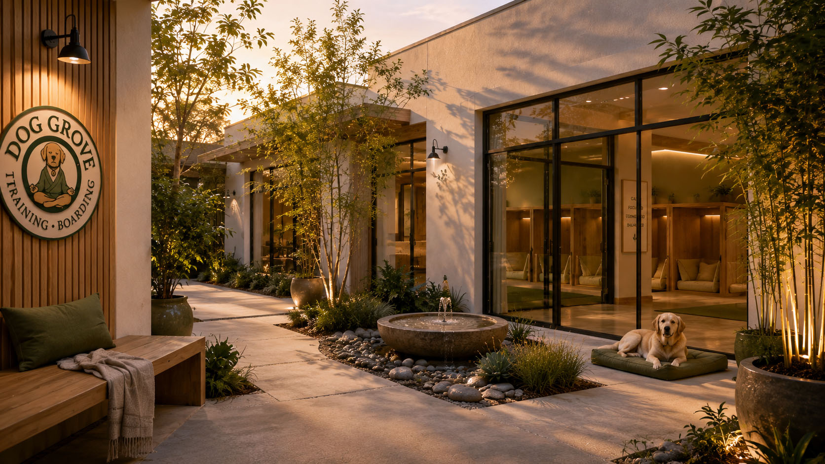 Zen courtyard at golden hour