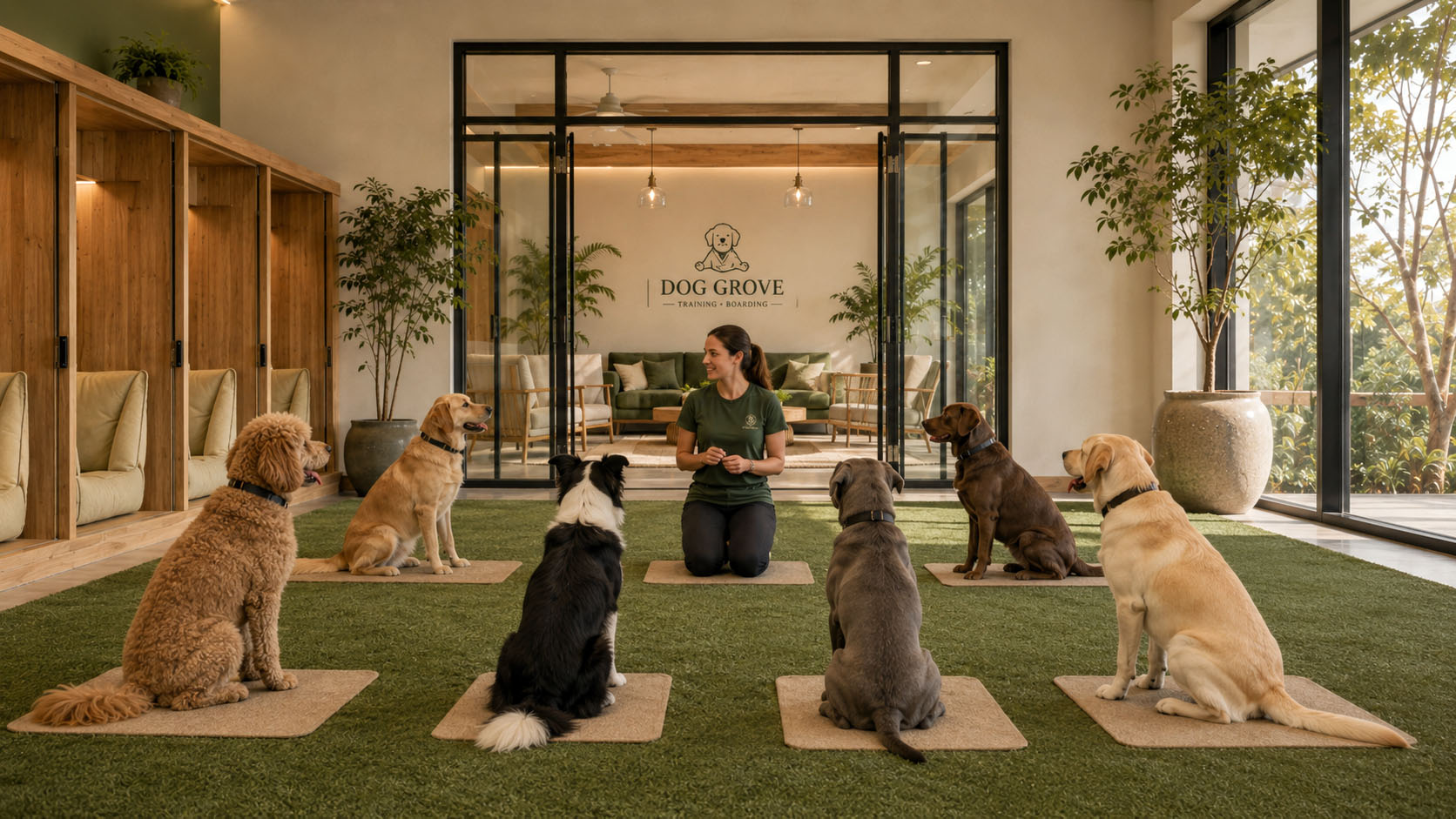 Six dogs spaced on mats in a calm semi-private dog training class at Dog Grove in South Florida