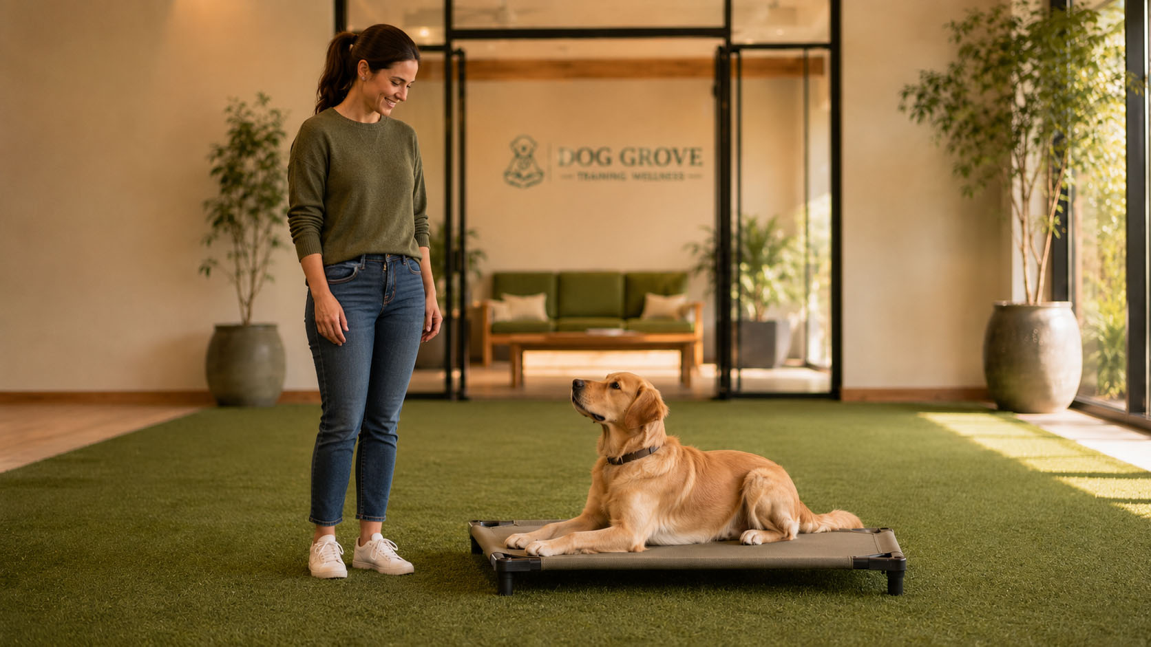 Dog resting calmly on a raised cot in a sunlit, plant-filled rest area