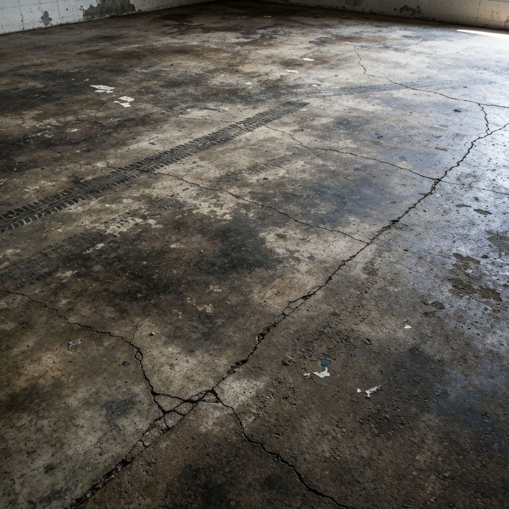 Before — stained concrete garage floor