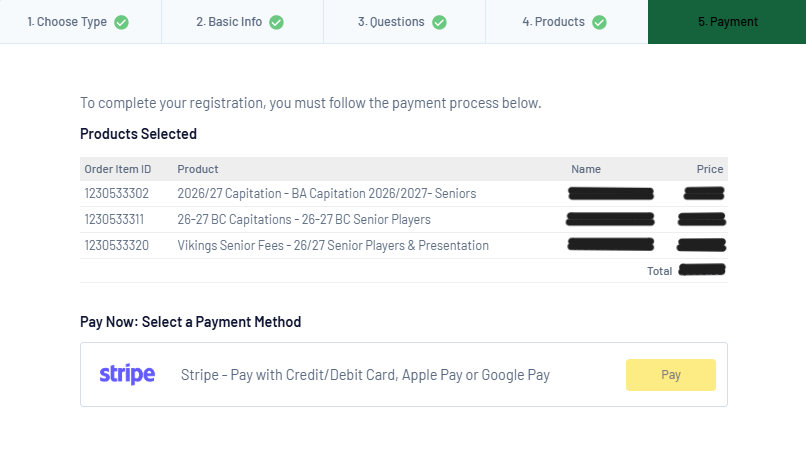 GameDay Registration - Stripe Payment