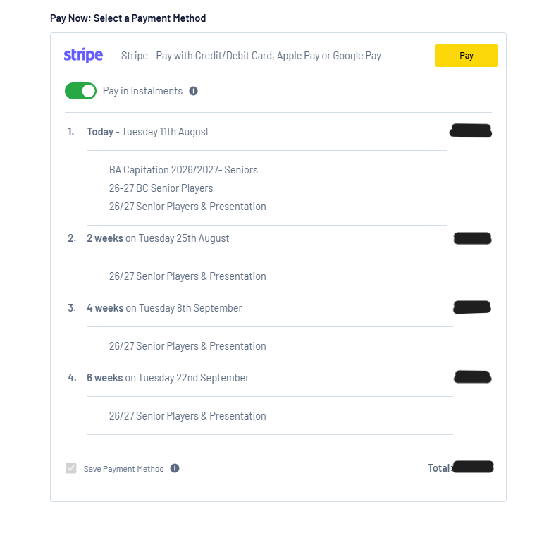 GameDay Registration - Stripe Payment with Installments